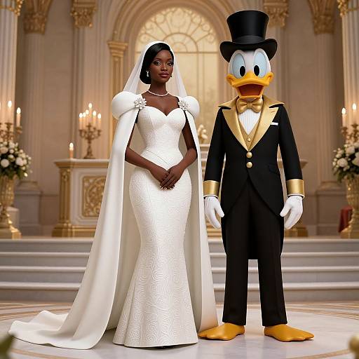 CGI image of a dark-skinned bride in an elegant white gown and veil, standing beside a duck in a black tuxedo, in a