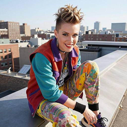 Photograph of a smiling, punk-styled woman with short, spiked brown hair, colorful jacket, and vibrant, patterned pants, sitting on a