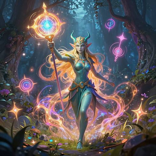 Digital fantasy artwork of a horned, blue-skinned sorceress with flowing orange hair, holding a glowing staff, standing in a mystical, glowing