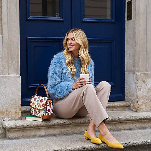 Blonde woman sitting on stone steps with coffee