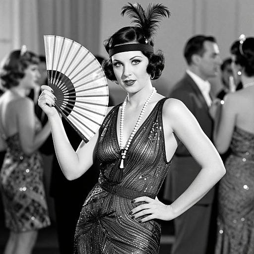 Black-and-white photograph of a 1930s-style woman in a sparkling, deep V-neck dress, holding a fan, with a feathered head