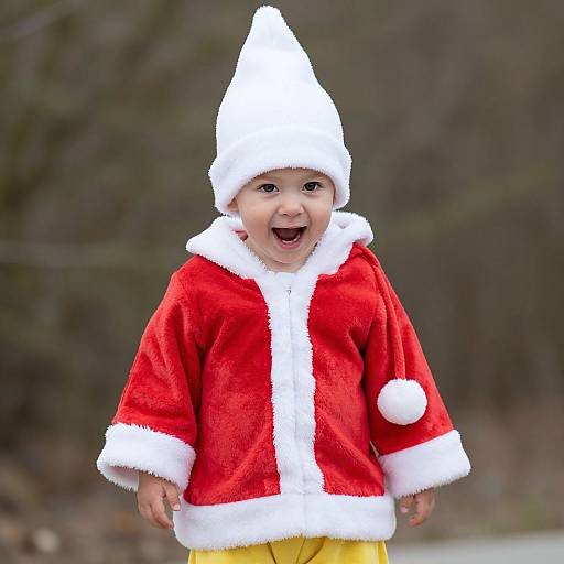 Photograph of a smiling toddler in a red Santa jacket with white trim, yellow pants, and a white Santa hat, standing outdoors against a blurred forest