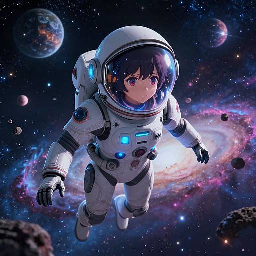 Anime-style digital artwork of a young astronaut with black hair and purple eyes floating in space, wearing a white, glowing spacesuit, surrounded by planets,