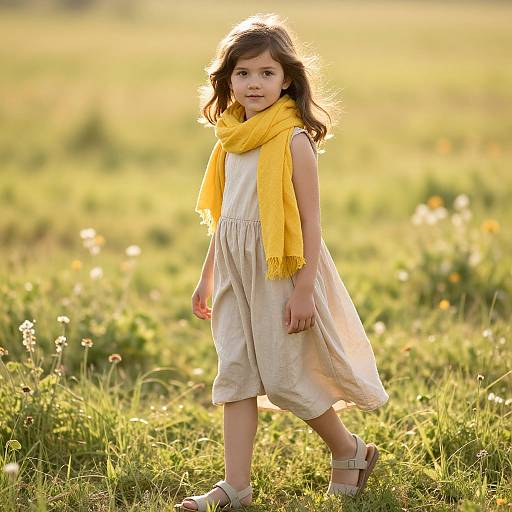 Photograph of a young girl with light skin, dark brown hair, wearing a yellow scarf, white dress, and sandals, walking in a sunlit