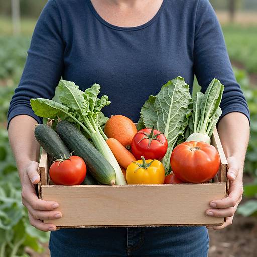 Photograph of a person in a navy sweater holding a wooden crate filled with fresh vegetables, including tomatoes, zucchinis, bell peppers, and
