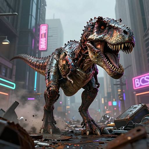 CGI digital artwork of a metallic, cybernetic T-Rex in a neon-lit, dystopian city street with wreckage and colorful neon signs
