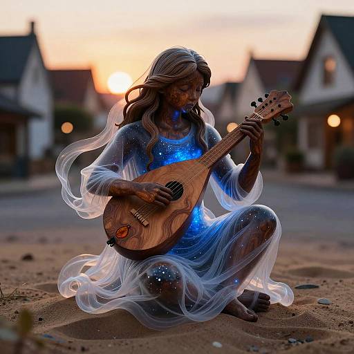 Photorealistic digital art of a brown-skinned, long-haired woman in a glowing blue dress, playing a wooden guitar, seated in a sandy street