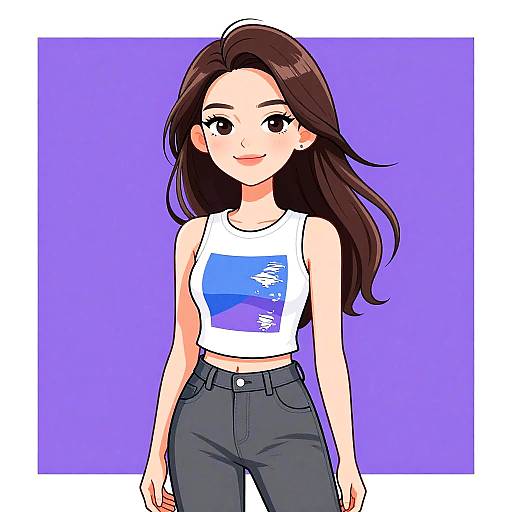 Digital anime-style drawing of a smiling young woman with long brown hair, wearing a white crop top with blue geometric design and black high-waisted jeans