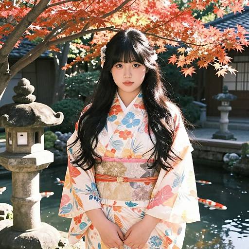 Photograph of a young Japanese woman with long black hair, wearing a colorful floral kimono, standing under a red maple tree by a traditional garden pond