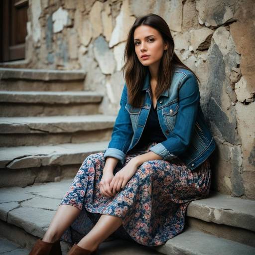 Young Woman Sitting on Stone Steps in Denim Jacket