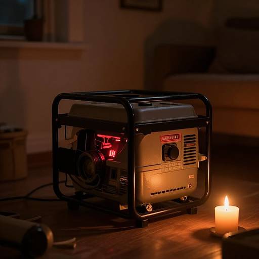 Photograph of a black projector with red lights, positioned on a wooden floor, beside a lit candle in a dimly lit room.