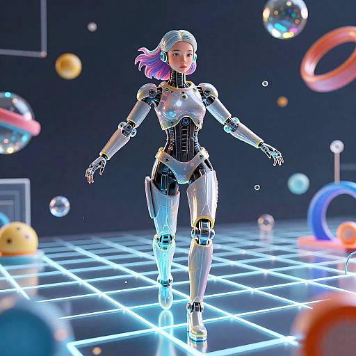 CGI image of a futuristic, silver robotic woman with pink hair, walking on a glowing grid floor in a space-themed environment with colorful planets and rings