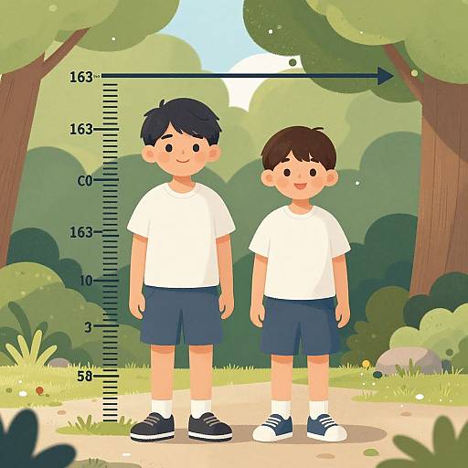 Digital illustration of two smiling boys wearing white shirts and blue shorts, standing side-by-side in a forest, with a height measurement chart above them.