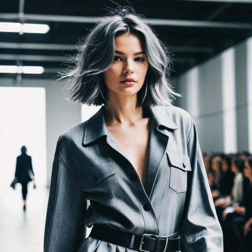 Fashion Blogger with Steel Gray Hairstyle on Runway