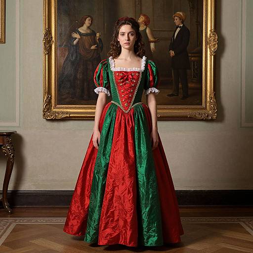 Photograph of a young woman with curly brown hair, wearing a vibrant red and green Renaissance-style dress, standing in an ornate room with classical paintings