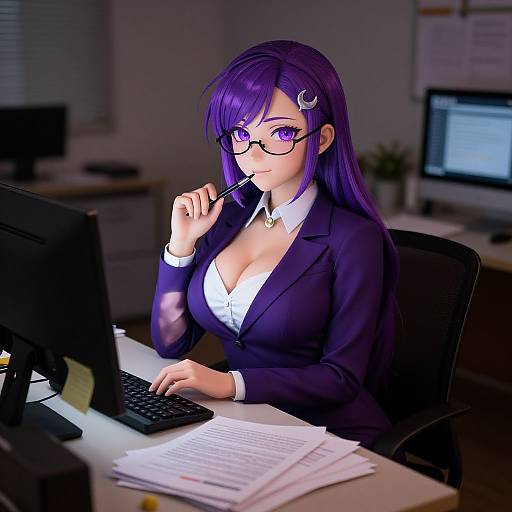 Digital anime-style illustration of a purple-haired woman in a black suit, glasses, and low-cut blouse, typing at a desk with papers and a computer