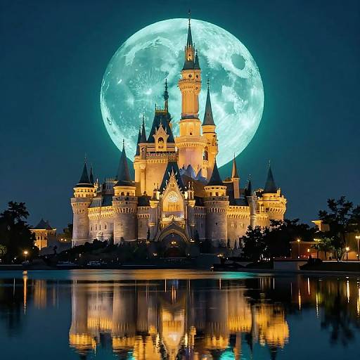 Photograph of a brightly illuminated fairy-tale castle reflected in a calm lake, with a large, glowing full moon in the night sky behind it.
