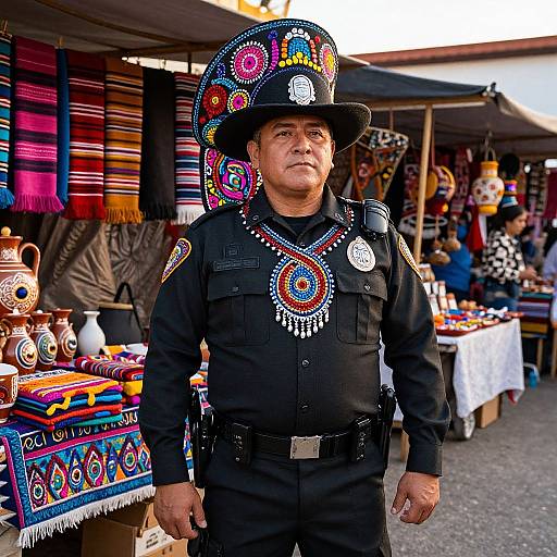 Photograph of a middle-aged Hispanic police officer in traditional black uniform with colorful embroidered hat and necklace, standing in a vibrant outdoor market stall with colorful textiles