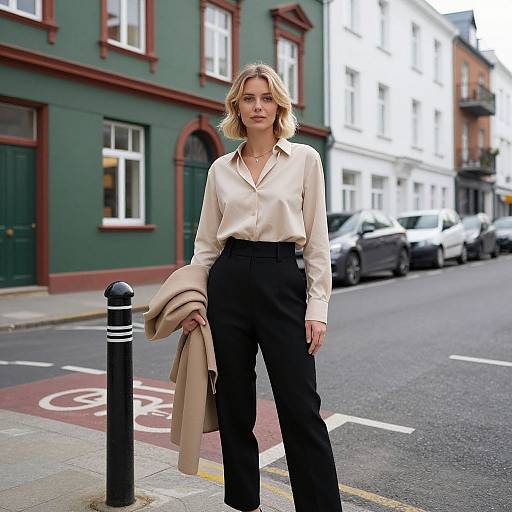 Photograph of a blonde woman with shoulder-length hair, wearing a beige blouse and black high-waisted pants, holding a beige coat, standing on