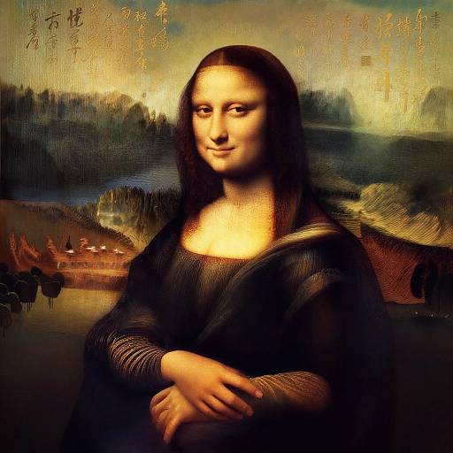 Digital artwork of the Mona Lisa with a dark, textured background, blending Leonardo da Vinci's style with modern, vibrant colors.