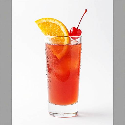 Photograph of a red cocktail in a clear glass with an orange slice, cherry garnish, and water droplets on a white background.