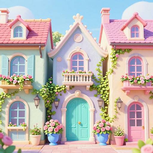 Colorful, cartoon-style CGI image of three charming, pastel-colored houses with pink roofs, arched windows, flower boxes, and lush greenery