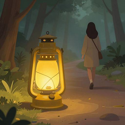 Digital illustration of a dark forest path at night, with a glowing yellow lantern on the left and a woman in a beige coat walking away on the right
