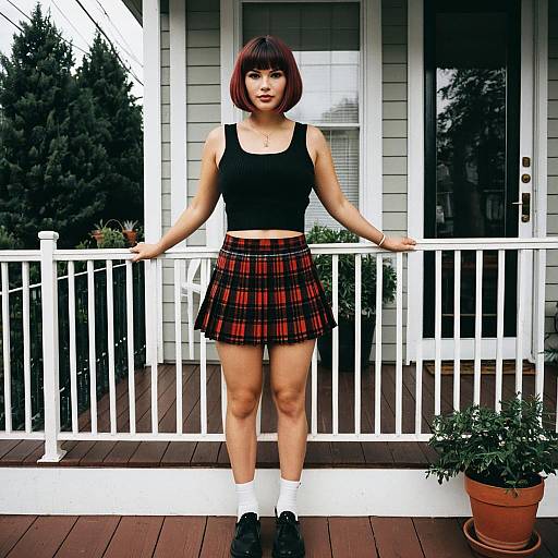 Woman in Plaid Mini Skirt on Suburban Porch