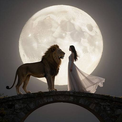 Silhouetted bride in flowing white gown and lion stand on arch against glowing full moon in dark night sky. Digital art.