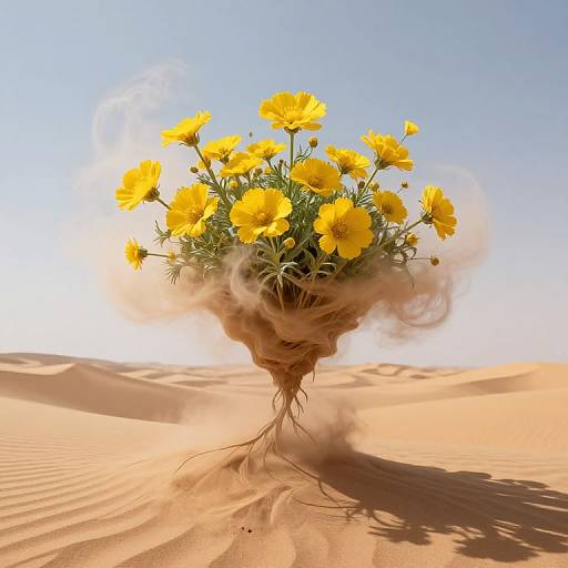Photograph of a desert scene with a single, smoke-enshrouded plant rooted in sand, blooming with vibrant yellow flowers under a clear