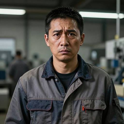 Photograph of a serious-looking Asian man with short black hair, wearing a dark gray work jacket, standing in a blurred industrial background.