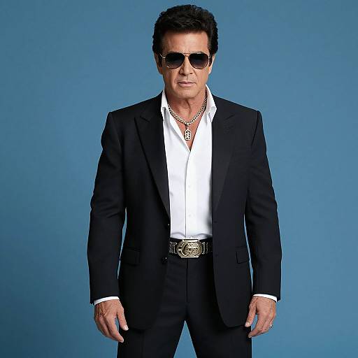 Photograph of a middle-aged man with dark hair, sunglasses, black suit, white shirt, silver chain, and belt, standing against a blue background