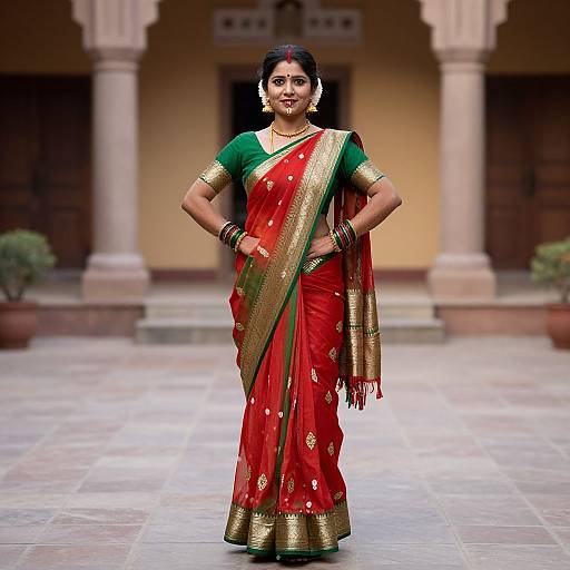 Photograph of a confident Indian woman in a red and green traditional saree with gold trim, standing in a courtyard with columns and potted plants.
