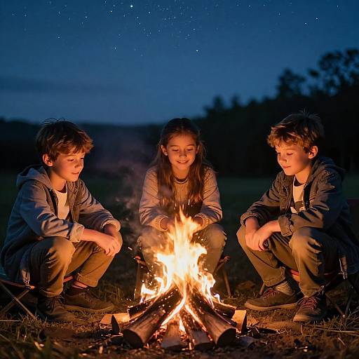 Photograph of three children, two boys and one girl, sitting around a campfire at night, smiling, wearing jackets, under a starry blue
