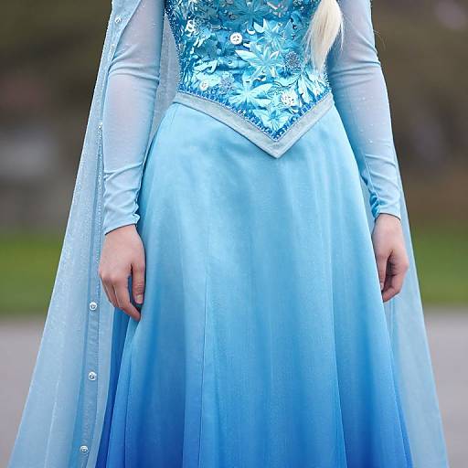 Photograph of a person in a light blue, long-sleeved, sequined corset dress with a flowing skirt, standing outdoors, arms relaxed