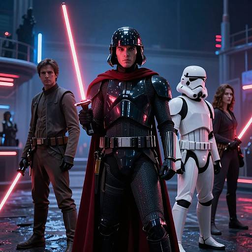 Photograph-style CGI of Star Wars characters: black-armored Jedi with red lightsaber, red cape, flanked by brown-robed man, white