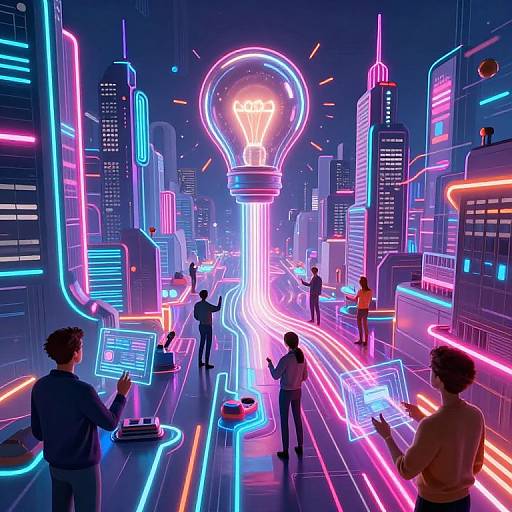 Neon-lit, futuristic cityscape with glowing skyscrapers, holographic lightbulb, and people interacting with virtual screens in vibrant blues,