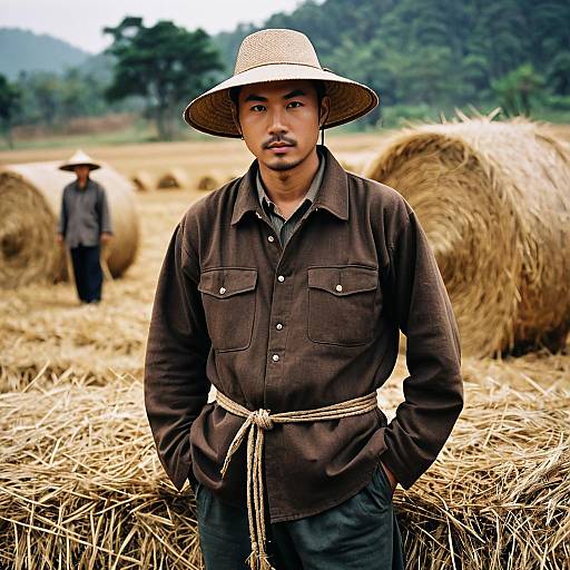 Asian Farmer in Traditional Clothing with Haystack
