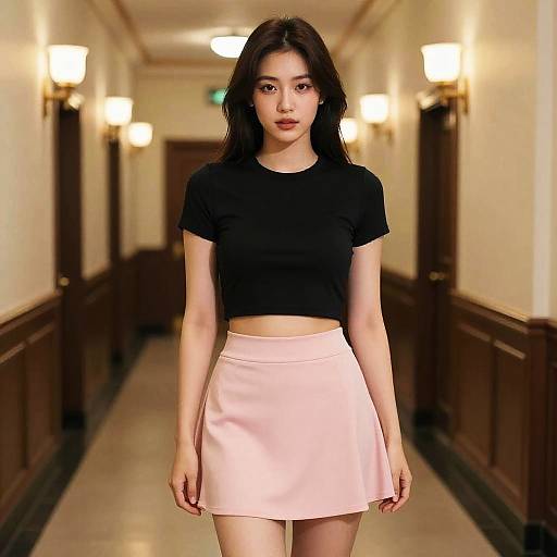 Woman in Black Crop Top and Pink Skater Skirt in Vintage Corridor