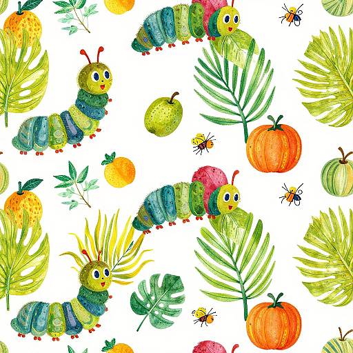 Whimsical watercolor illustration of colorful caterpillars, fruits, leaves, and butterflies on a white background, creating a vibrant, playful pattern.