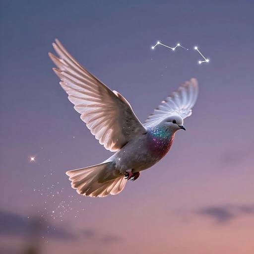 Photograph of a dove with glowing wings and iridescent feathers soaring against a twilight sky with twinkling stars and a constellation.