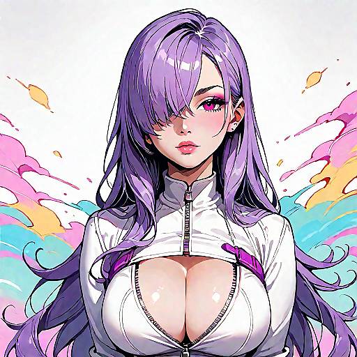 Purple-Haired Girl in White Bodysuit