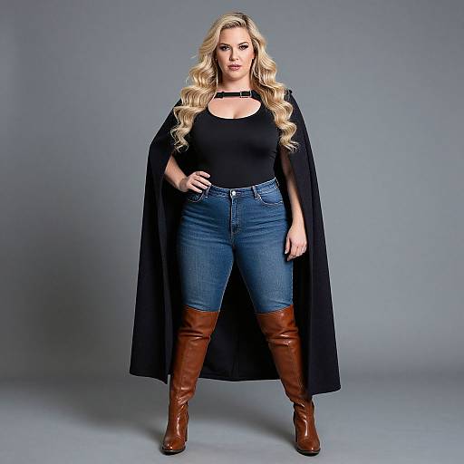 Photograph of a blonde woman with long curls, black tank top, blue jeans, brown boots, black cape, and choker, standing confidently against