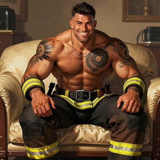 Muscular Firefighter Comic Illustration