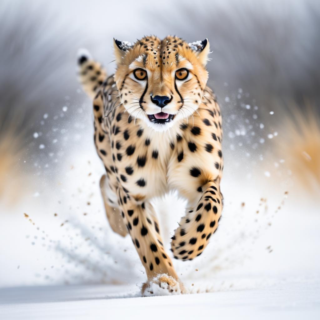 Dynamic Cheetah in Snowy Action Shot