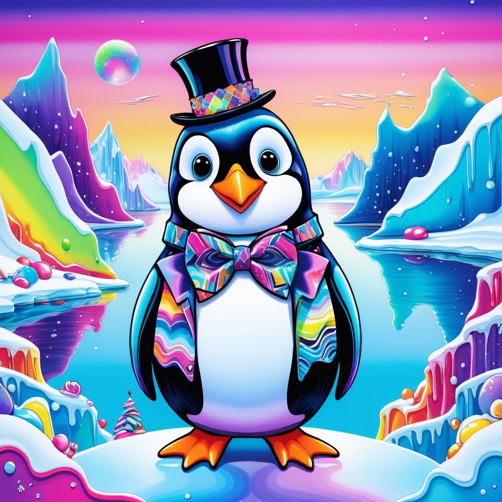 Quirky Bow Tie Penguin in Vibrant Icy World