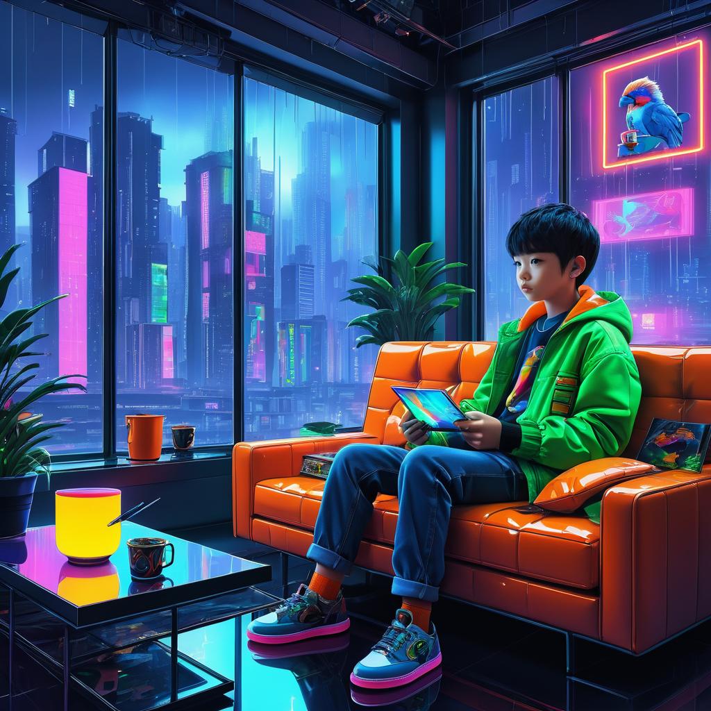 Cozy Cyberpunk Scene with Boy and Parrot