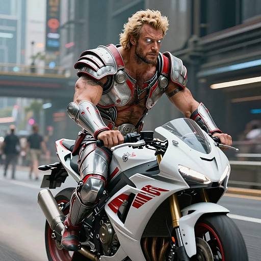 Photorealistic CGI of a muscular, blond, bearded man in silver and red armor riding a white sports motorcycle in a bustling city street.