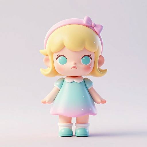 Cute digital 3D chibi doll with blonde hair, blue eyes, pink bow, blue dress, white collar, and matching shoes. Bright