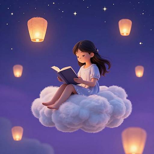 Digital illustration of a young girl with long black hair, wearing a white dress, reading a book while floating on a fluffy white cloud, surrounded by glowing